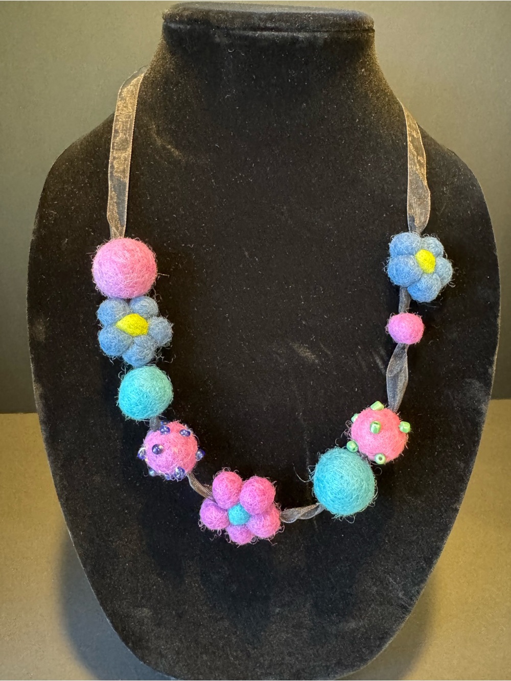 Handmade Felt Ball Flower Necklace in Pink & Blue with Glass Beads